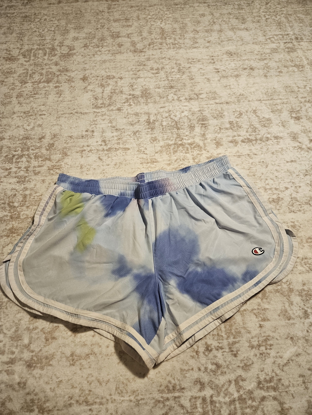 Champion Women's Light Blue Tie-Dye Athletic Shorts with Navy & Lime Accents